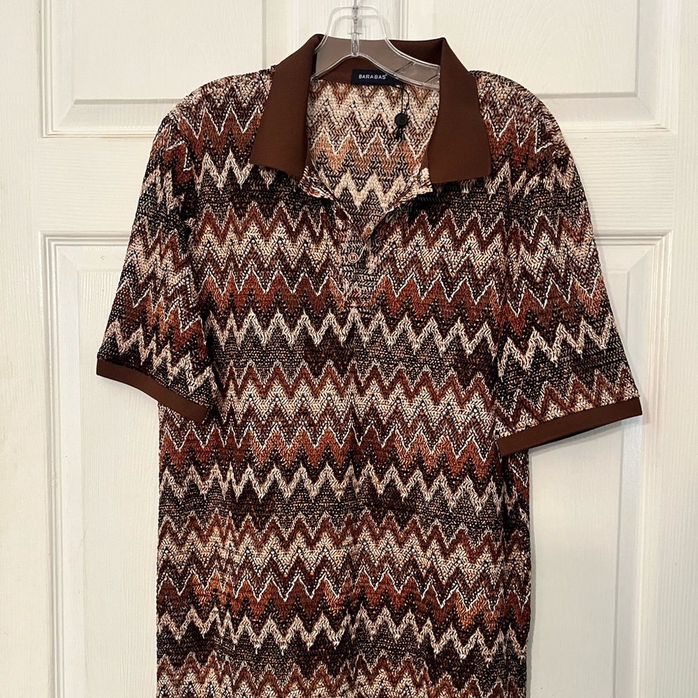 Bearabas Men's Coffee Textured Knit Polo Shirt Brown Chevron Style 3P21 Size M